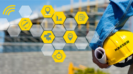 Dálkové sledování hlášení a ukazatelů (zobrazení provozních údajů) kompresoru na staveništi